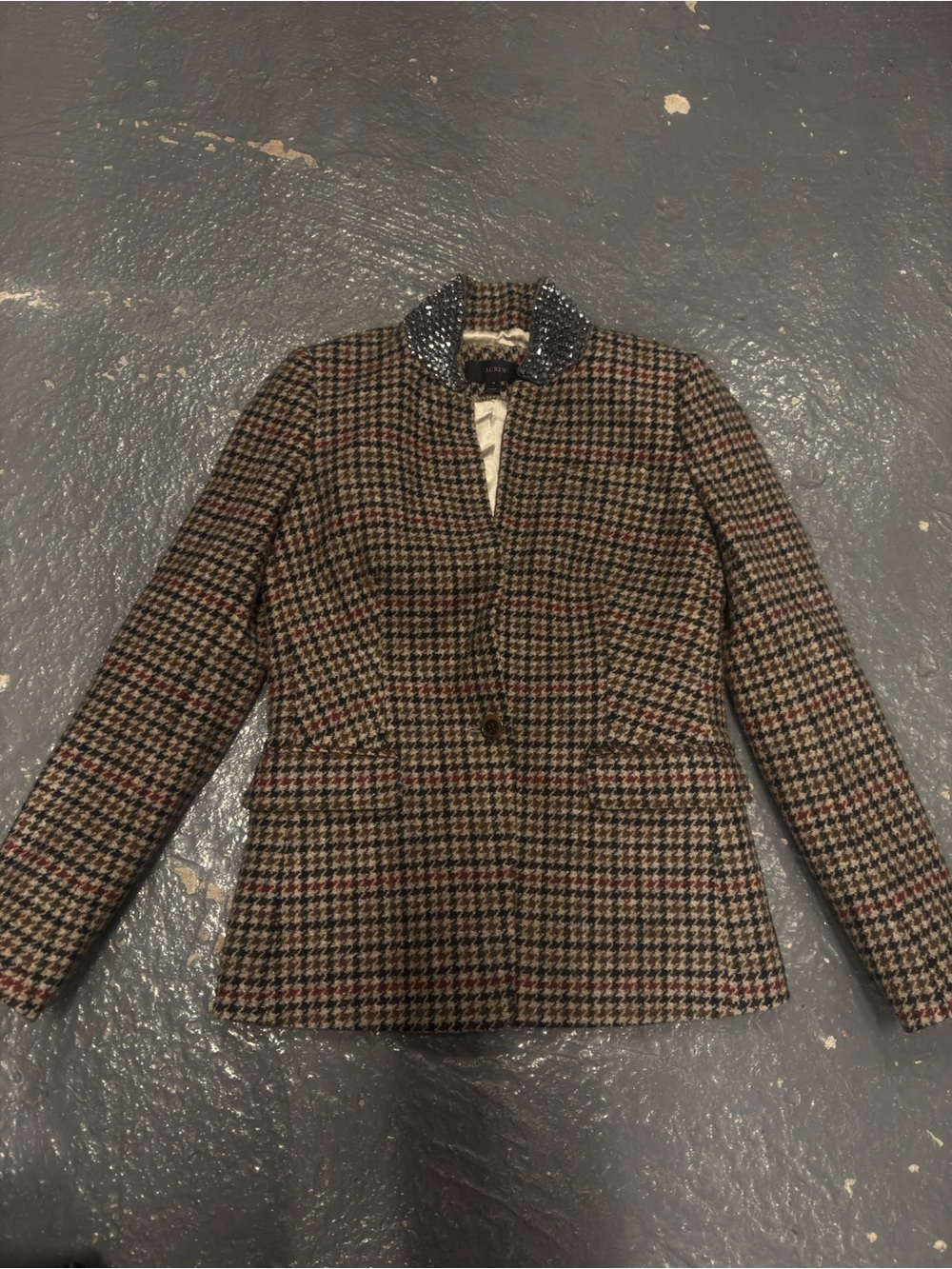 J. Crew Brown Houndstooth Wool-Blend Blazer with Gray Collar - Picture 2 of 5